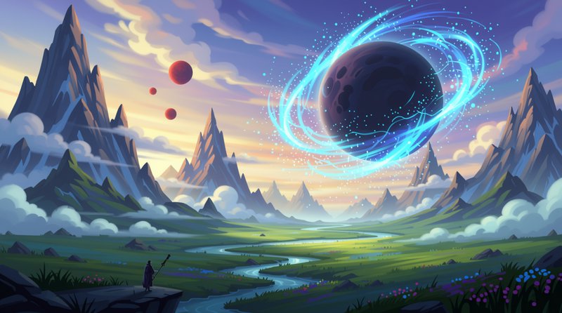 Lone robed wizard stands on a cliff overlooking a fantasy valley with a glowing enchanted celesti...