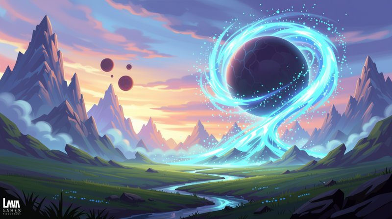 Glowing blue magical vortex orb floats over a fantasy mountain valley at pastel sunset