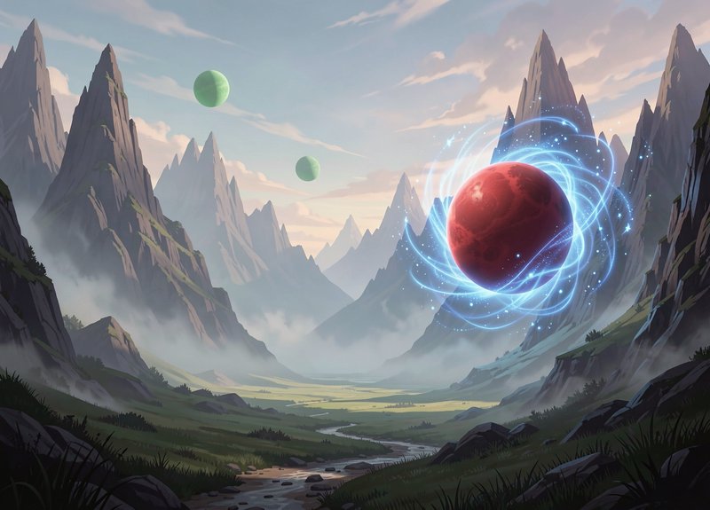Enchanted glowing red orb floats above a misty alien mountain valley with two green planets in th...