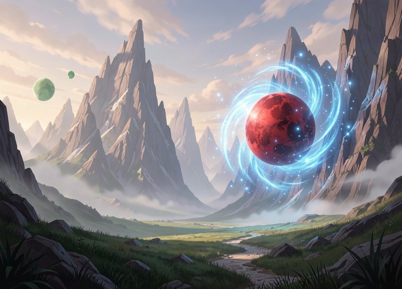 Glowing red orb wreathed in blue magic floats above a misty mountain valley with small green alien moons