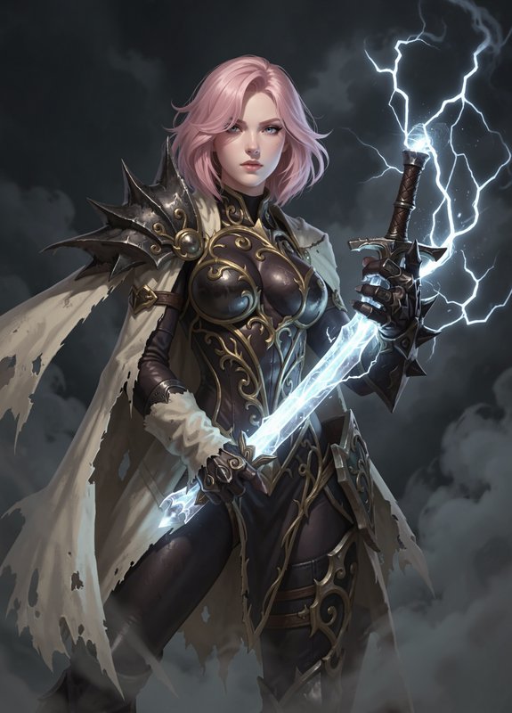 Pink haired female fantasy knight wielding a glowing lightning enchanted sword against a stormy b...