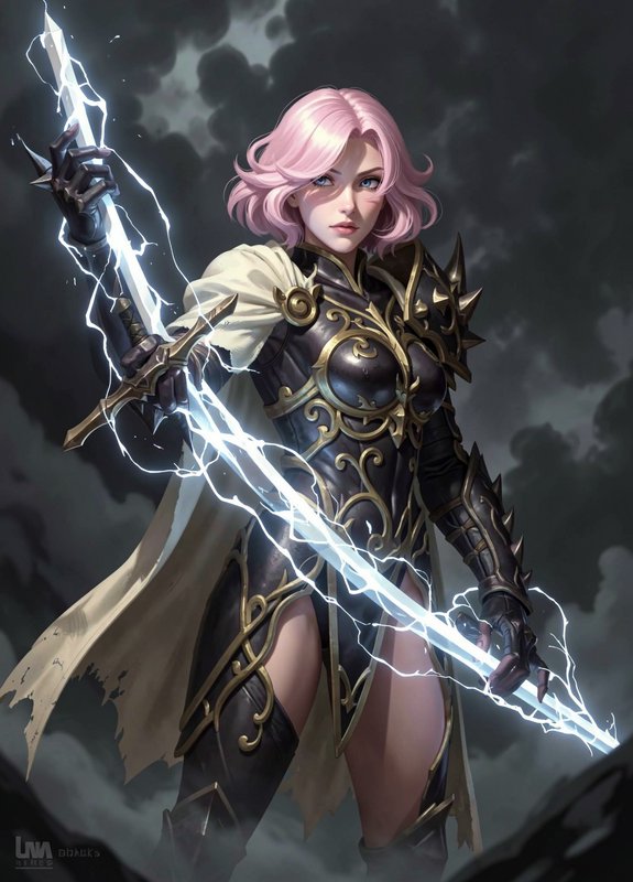 Pink haired armored female fantasy warrior wielding lightning enchanted swords under dark storm c...