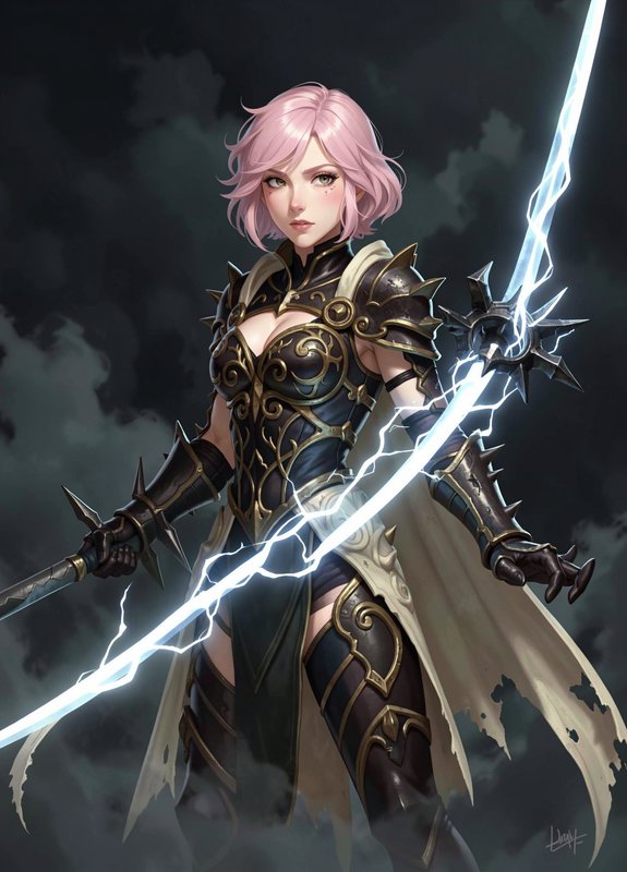 Pink haired female fantasy warrior wielding a glowing lightning sword against a dark stormy sky