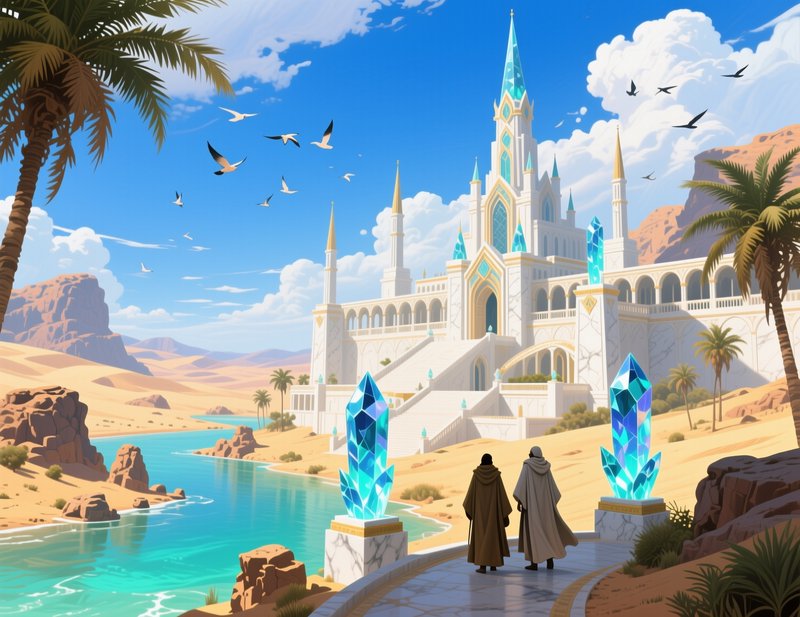 Two robed travelers approach an ornate crystal palace at a sunlit desert oasis river
