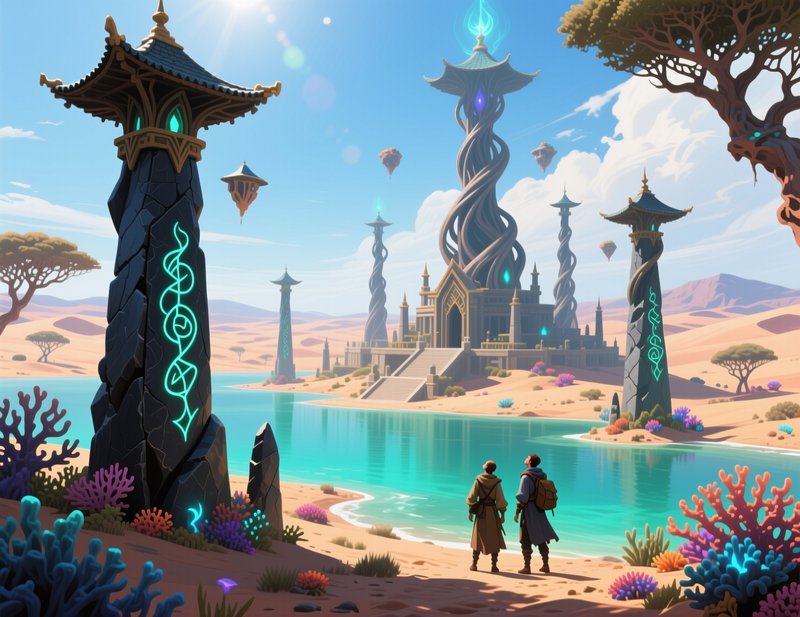 Two robed adventurers gaze across a turquoise desert oasis at a glowing magical fantasy temple