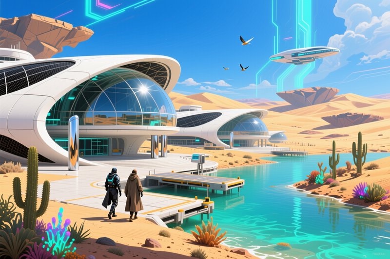 Two figures walk beside a turquoise lagoon at a futuristic sci-fi desert outpost