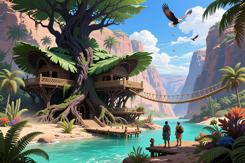 Two explorers stand on a dock gazing at a giant elaborate treehouse on a turquoise canyon river