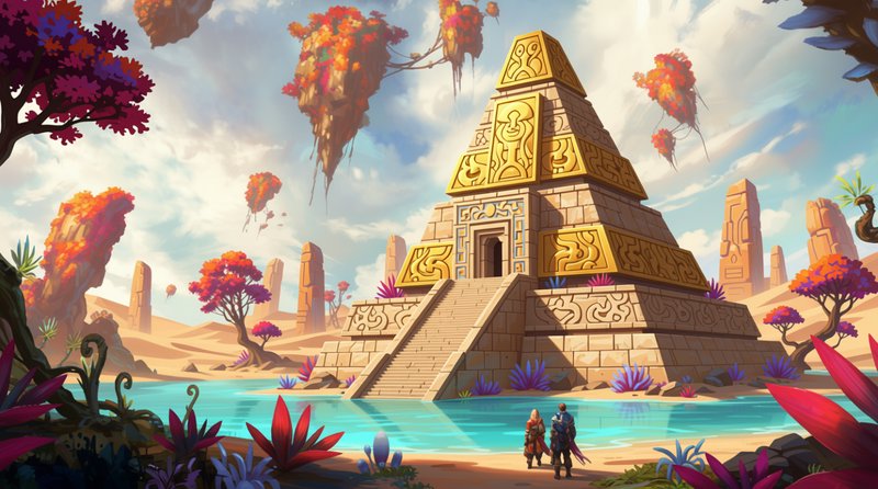 Two fantasy adventurers stand at an oasis shore gazing up at an ornate golden ancient desert pyramid