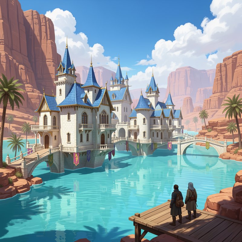 Fairytale water castle with blue spires sits in a desert canyon as two travelers watch from a woo...