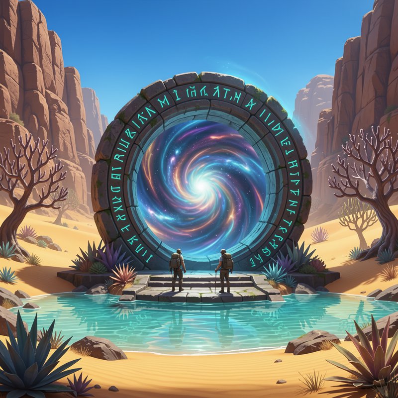 Two explorers stand before a glowing rune-carved stargate portal at a desert canyon oasis