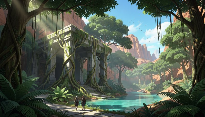 Two explorers walk toward an overgrown ancient stone temple perched at the edge of a turquoise ju...