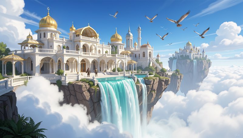 Grand ornate white palace with golden domes rests on a floating cliff, turquoise waterfalls spill...
