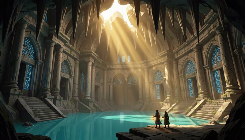 Two robed explorers with lanterns stand at the edge of a flooded ancient stone temple as golden s...