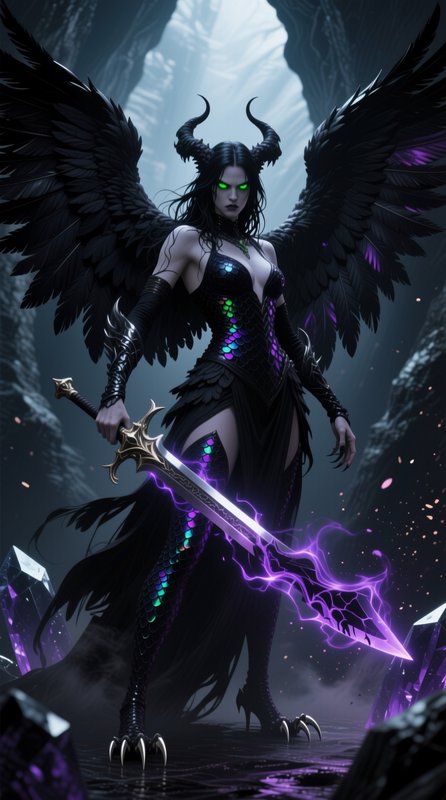Horned dark fallen angel with black wings holds a glowing purple enchanted sword in a misty stone...