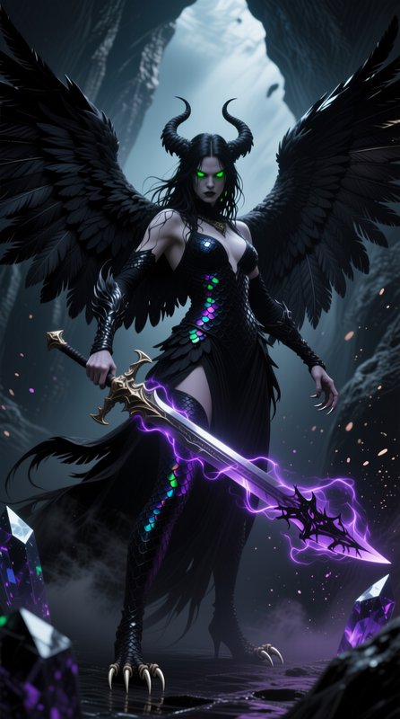 Horned dark fallen angel with black wings holds a glowing purple enchanted sword in a misty cryst...
