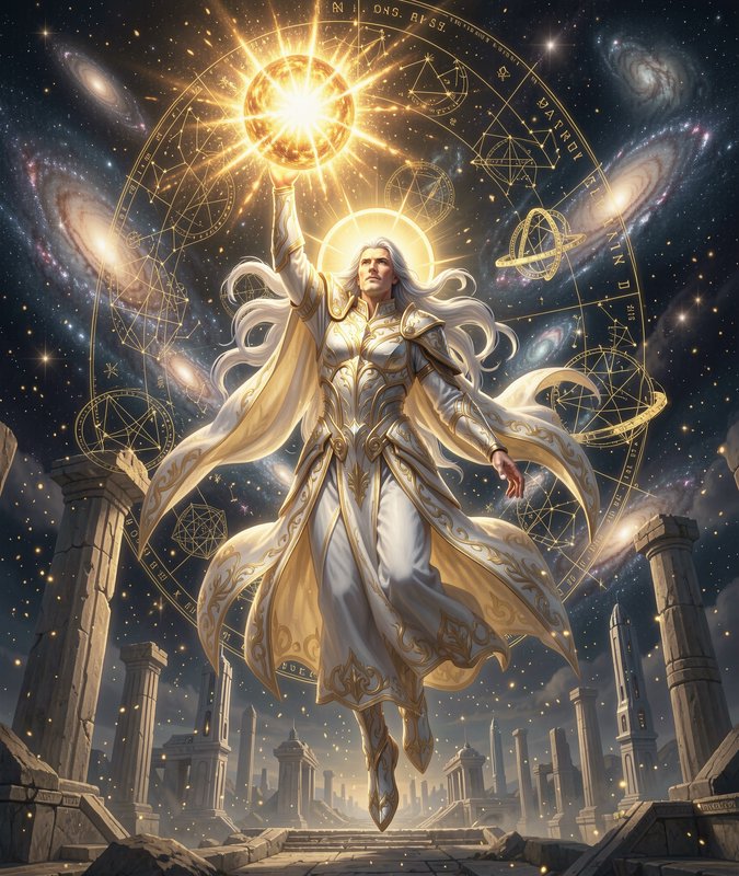 Radiant celestial deity holds a glowing sun orb while floating above ancient ruins under a starry...