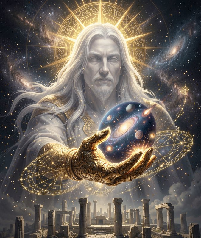 Primordial cosmic god holding a glowing galaxy orb above ancient stone temple ruins under a starr...