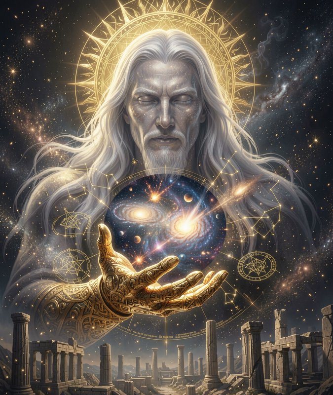 Cosmic elder deity with a glowing golden halo holds a swirling galaxy above ancient stone ruins