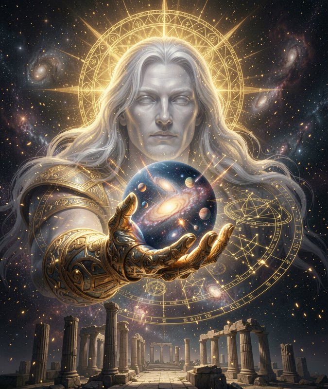 Pale long-haired celestial god holding a galaxy orb above ancient stone temple ruins in starry co...