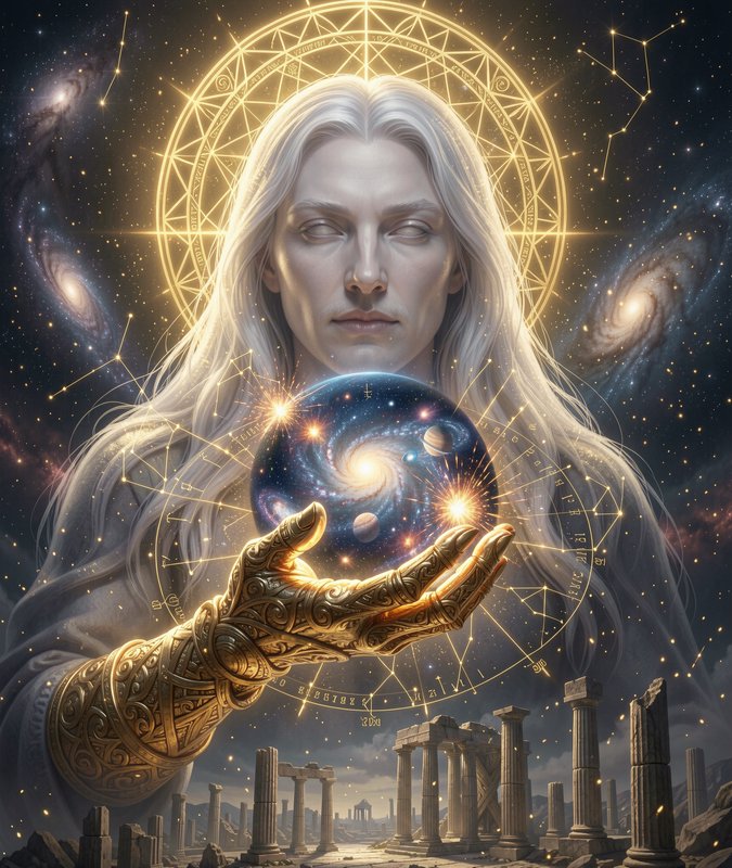 Long-haired celestial being holds a glowing galaxy orb above ancient stone ruins beneath a sacred...