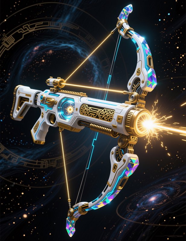 Ornate futuristic energy crossbow firing a glowing golden laser against a starry cosmic background