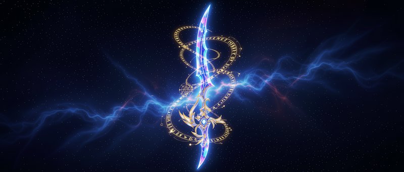 Glowing enchanted fantasy dagger wrapped in runic circles against a starry cosmic background