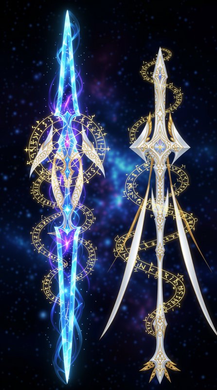 Two ornate magical fantasy swords with glowing rune circles float against a starry cosmic backdrop