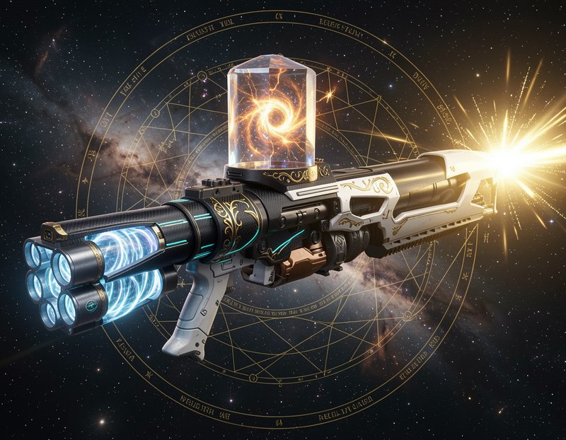 Ornate magical sci-fi energy cannon glowing with cosmic energy against a starry occult space back...
