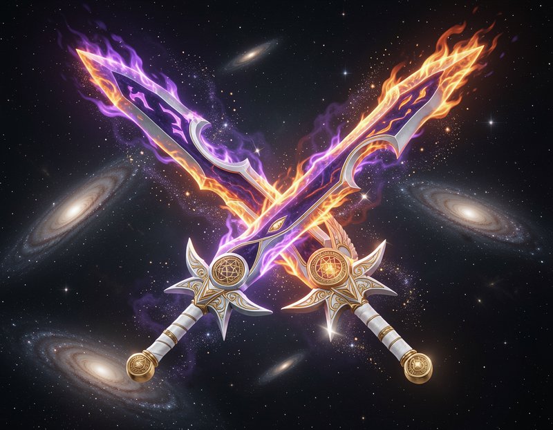 Two crossed flaming magical fantasy swords floating against a starry deep space galaxy backdrop