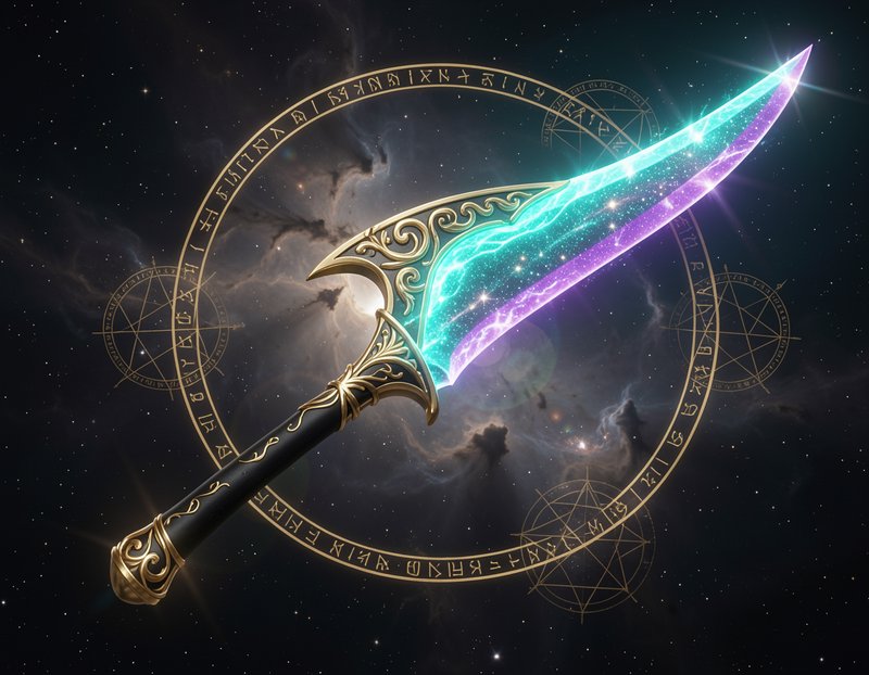 Ornate glowing magical dagger with split teal and purple blade floats before a runic circle in st...