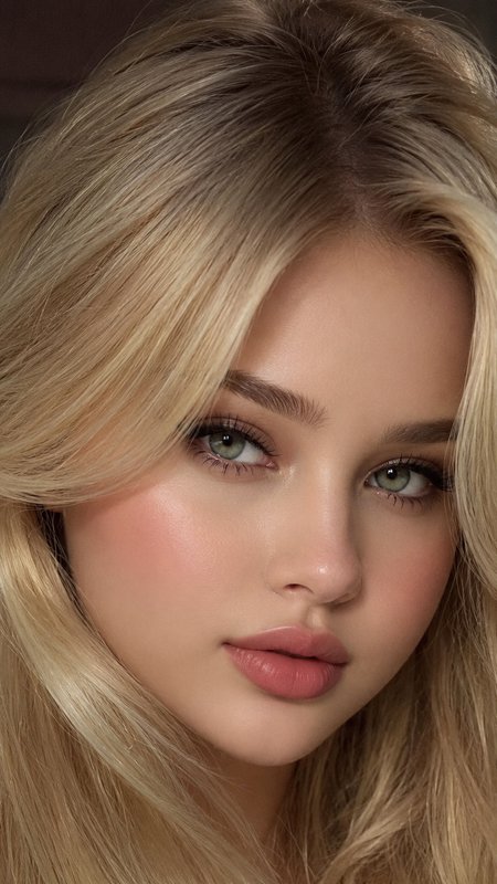 Close-up beauty portrait of a young woman with wavy blonde hair and soft glowy makeup