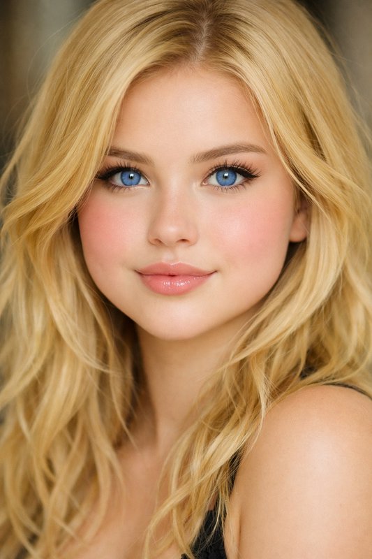 Close-up portrait of a young woman with wavy blonde hair and bright blue eyes gazing gently at th...