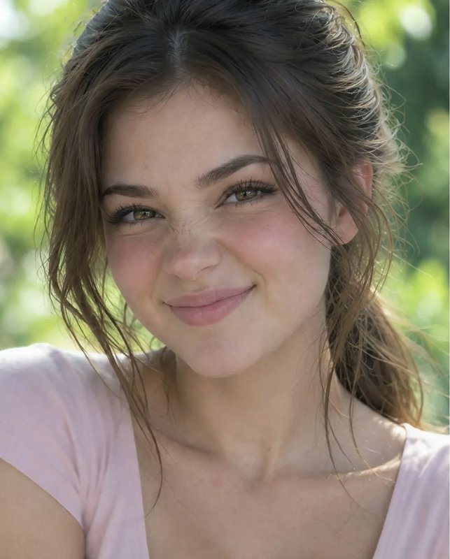 Young woman with a playful soft smile poses outdoors against blurred sunlit green foliage