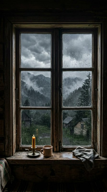 Cozy weathered cabin windowsill with lit candle and mug overlooking a rainy misty mountain valley