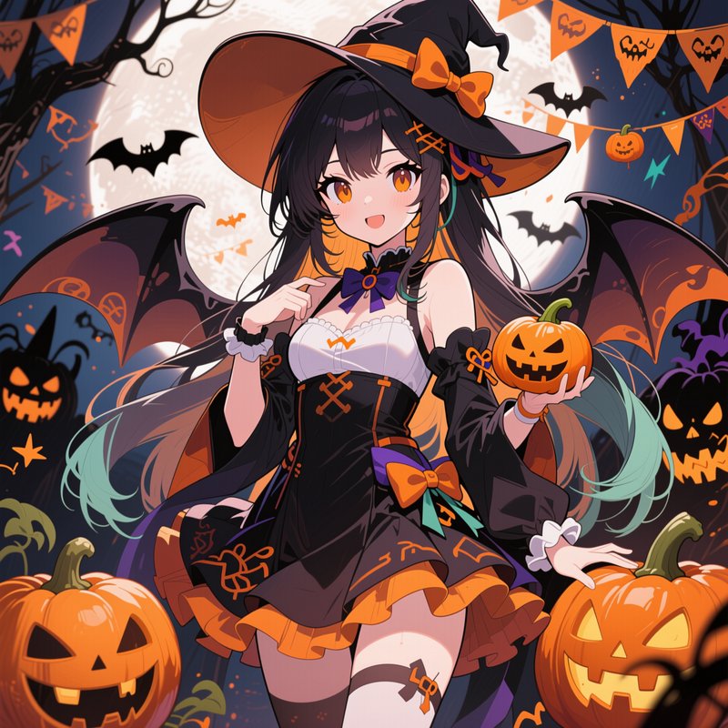 Cute anime witch girl with bat wings holds a jack-o'-lantern surrounded by Halloween decor under ...