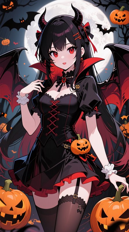Anime demon vampire girl with horns and bat wings surrounded by jack-o'-lanterns under a full moon