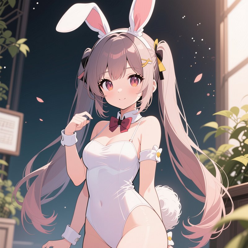 Cute anime bunny girl with gradient twin tails poses softly in a white bunny suit