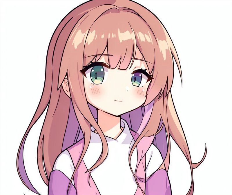 Cute anime girl with long peach hair, heterochromatic eyes, and soft smile against a plain white ...