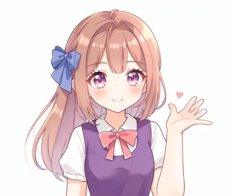 Blushing pastel anime school girl waving gently with a small pink heart floating above her hand