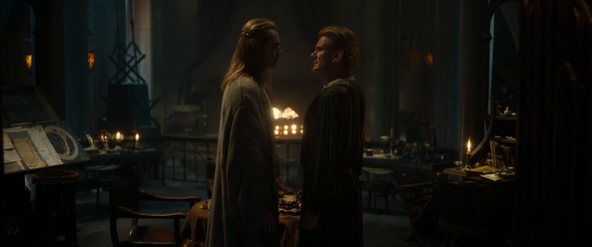 Elven character faces a human man in a dim candlelit ancient stone study