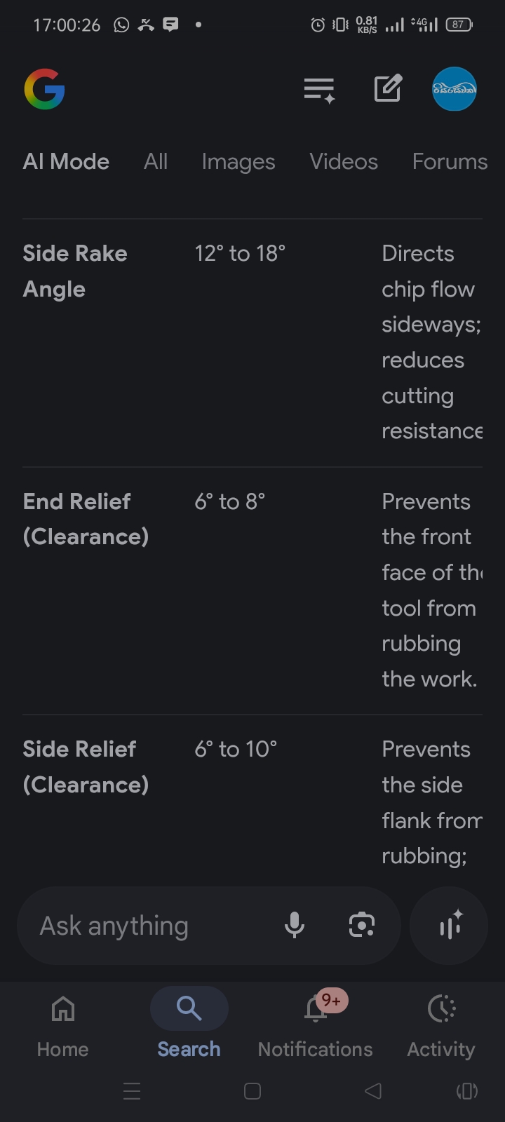 Dark mode mobile screen displaying cutting tool angle specifications from a Google search results page