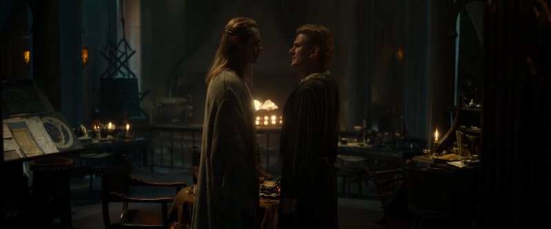 Elven character faces a human man in a dim candlelit ancient stone study