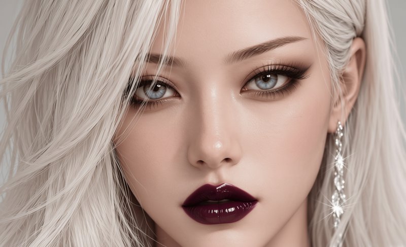 Close-up beauty portrait of a platinum haired woman with pale blue eyes and glossy dark burgundy ...
