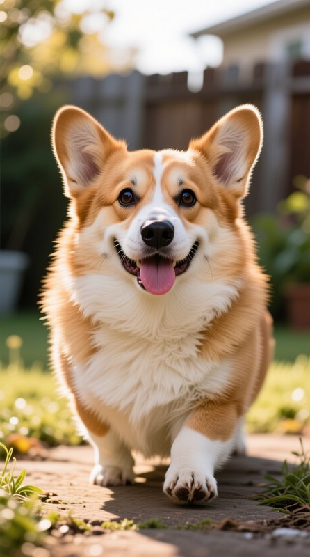 Fluffy tan and white Pembroke Welsh corgi smiles and walks toward the camera in a sunlit backyard