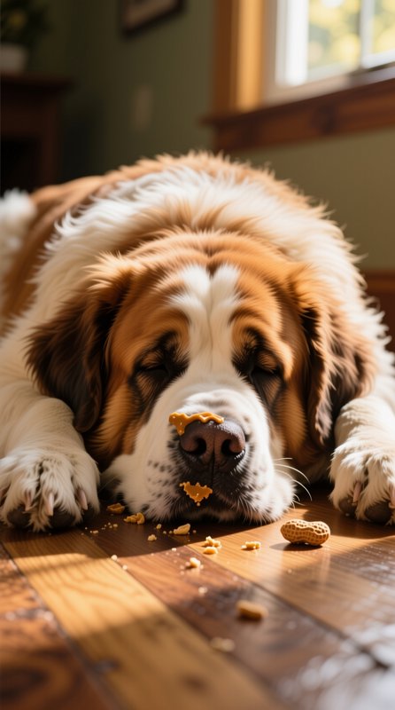 Sleepy fluffy Saint Bernard with peanut butter on its nose rests on a sunlit wooden home floor