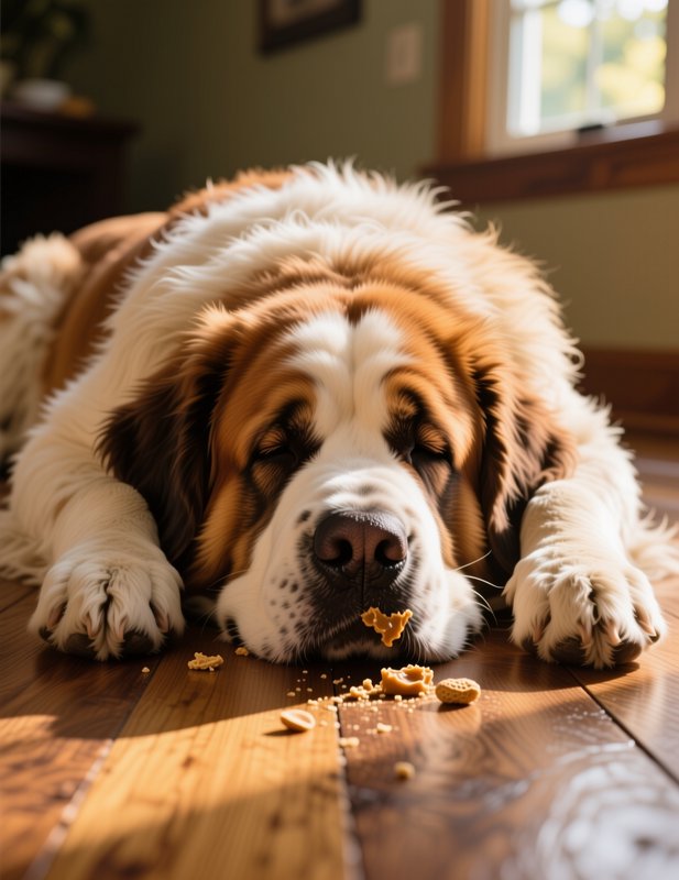 Sleepy fluffy Saint Bernard napping on a sunlit wooden floor with peanut treat crumbs on his muzzle