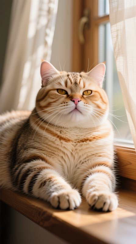 Plump golden tabby cat rests calmly on a sunlit wooden home windowsill