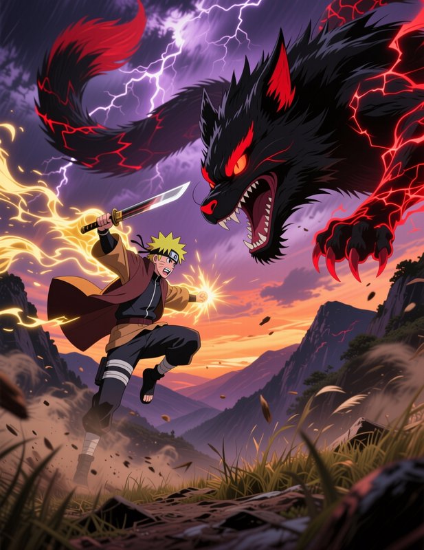 Naruto Uzumaki clashes with a giant glowing red-eyed demon fox on a stormy mountain battlefield