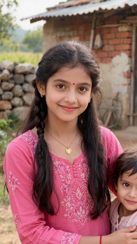 Young Indian girl with braided hair smiles while standing with a small toddler outside a rural vi...
