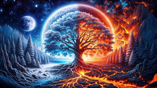 Mythical split world tree stands between icy and fiery terrain beneath a starry cosmic sky